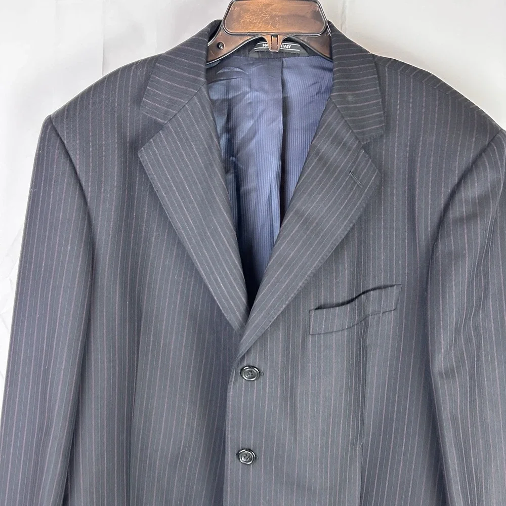 Zanetti Blazer US Size 44 Long Mens Black‎ Purple Pinstripe 100% Wool Super 120